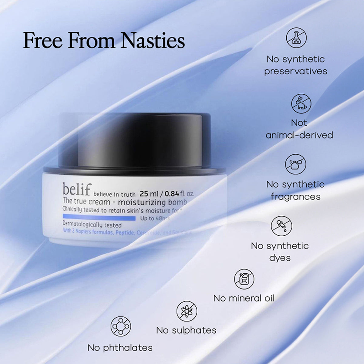 belif Moisturizing Bomb Cream vegan Korean face cream with ceramides and peptides for barrier repair, shown in a jar.