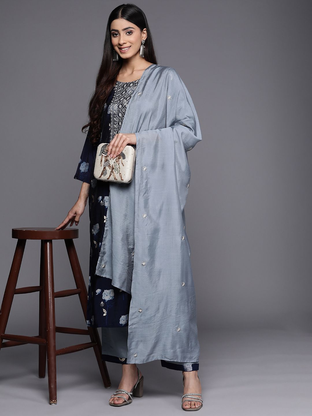 Indyancart VA Women'sFloral Yoke Design Sequinned Chanderi Silk Kurta with Trousers & With Dupatta