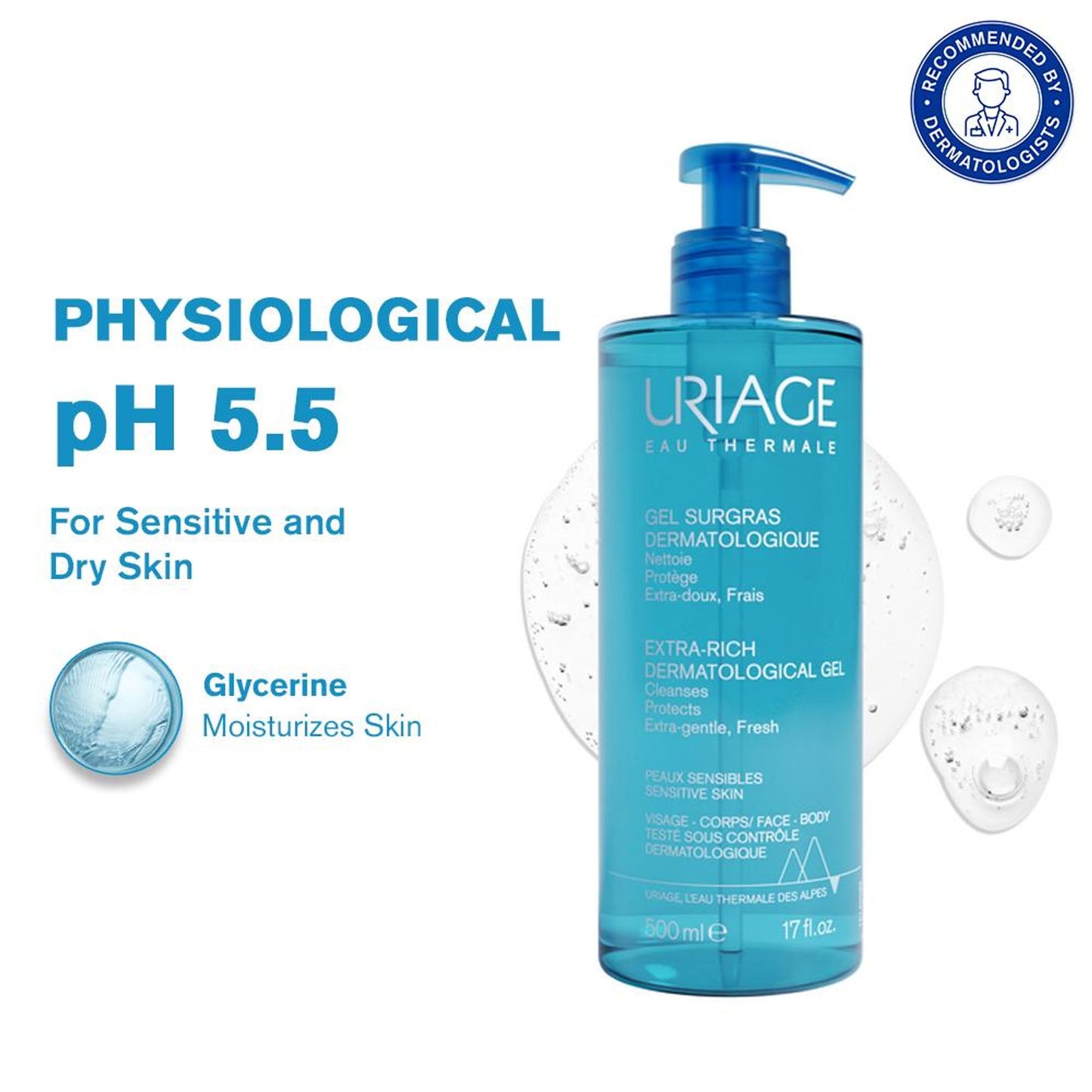 Uriage Extra-Rich Dermatological Face & Body Wash Shower gel for Sensitive Skin Healthy pH 5.5