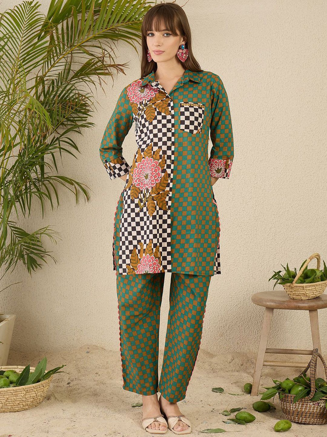 Women Checked Regular Pure Cotton Kurta with Trousers