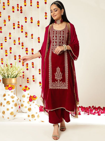 Indyancart VA Burgundy Ethnic Motifs Embroidered Velvet Kurta With Palazzos & Dupatta