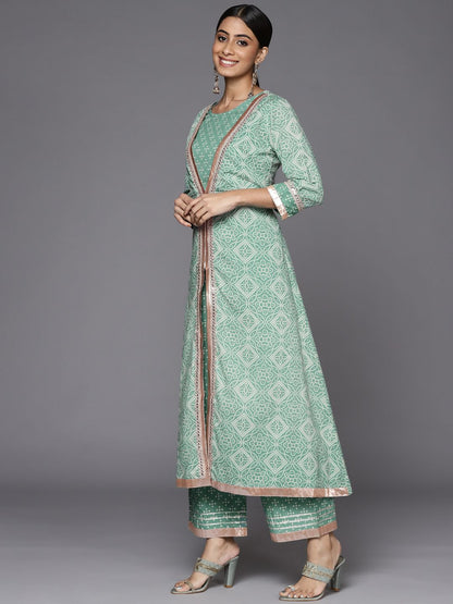 Indyancart VA Women's Teal Bandhani Printed High Slit Gotta Patti Pure Cotton Kurta with Palazzos & With Dupatta