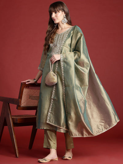 Indyancart IE Ethnic Motifs Embroidered Sequinned Liva Kurta With Trousers & Dupatta