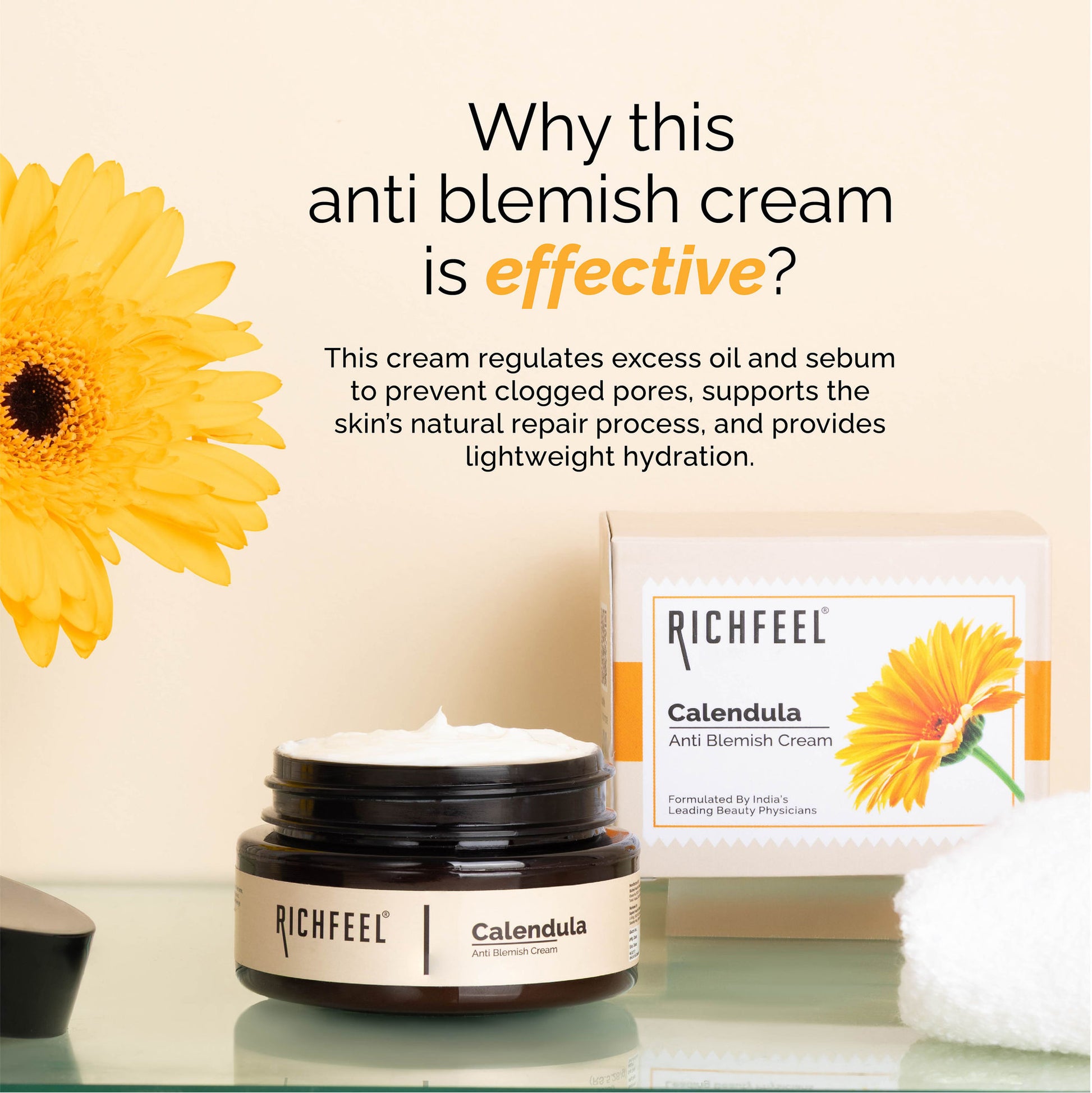 Richfeel Calendula Anti-Blemish Cream - Soothing Echinacea for Acne, Blackheads & Pores