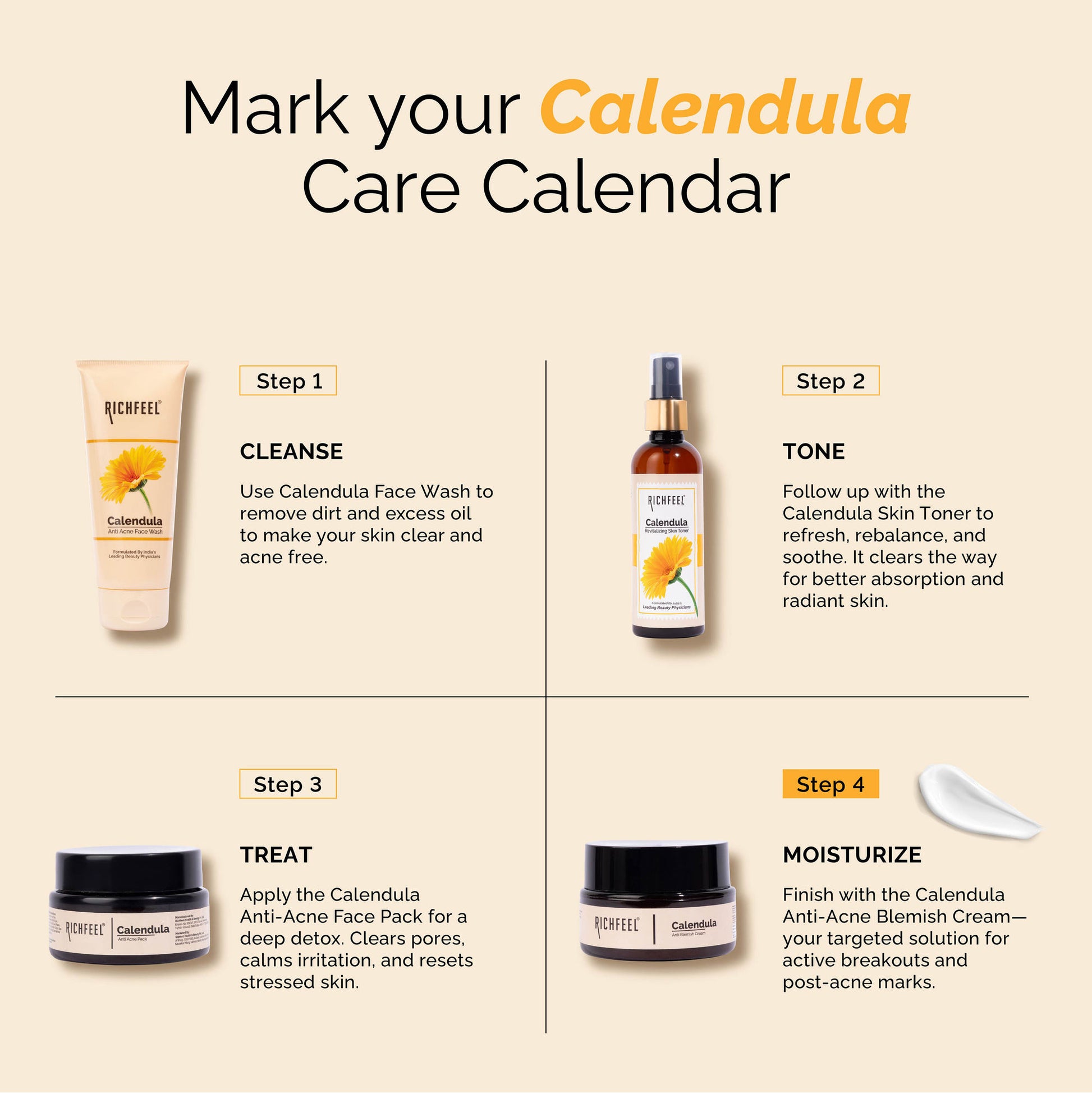 Richfeel Calendula Anti-Blemish Cream - Soothing Echinacea for Acne, Blackheads & Pores