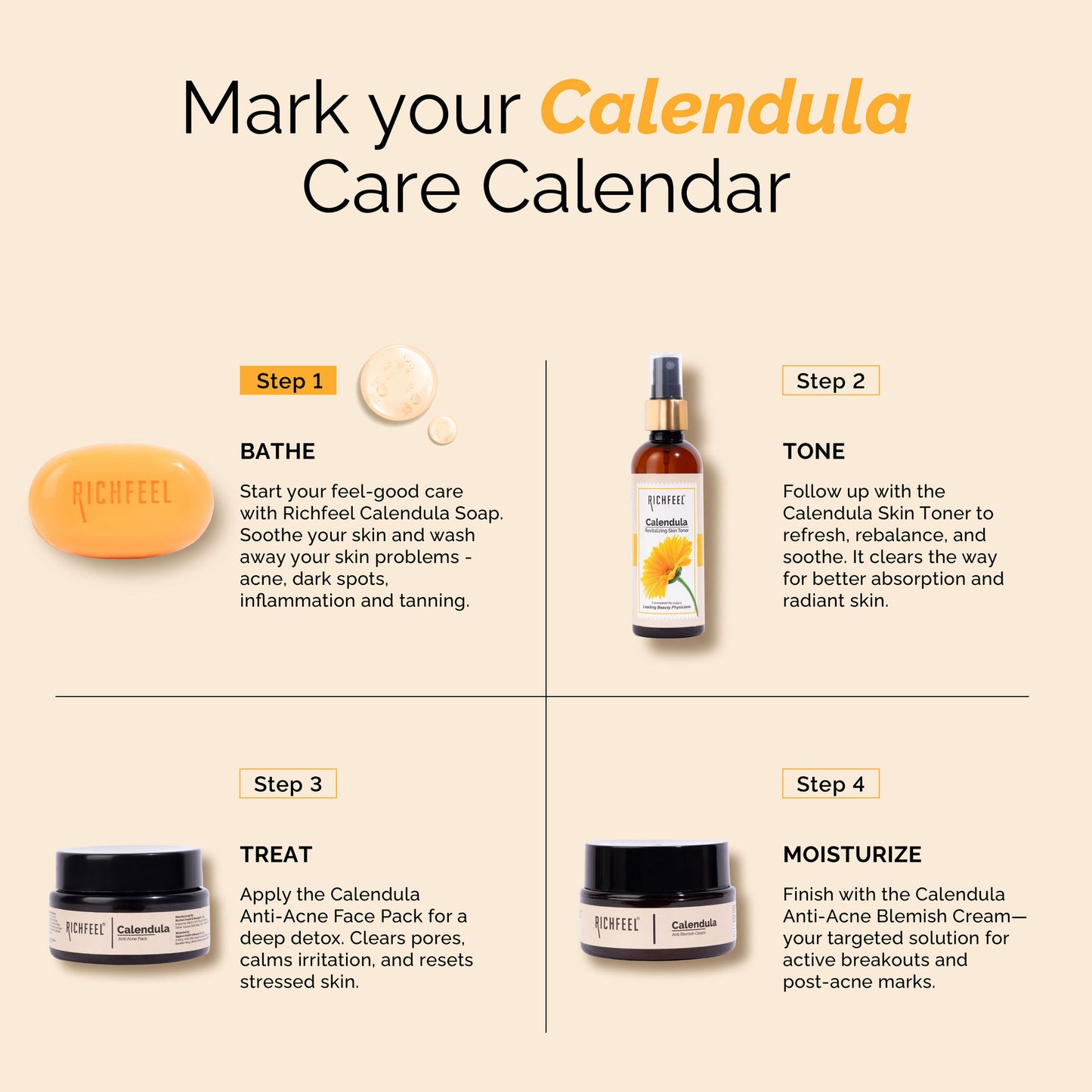 Richfeel Calendula Anti-Acne Soap: Fights Pimples, Blemishes & Promotes Healthy, Luminous Skin