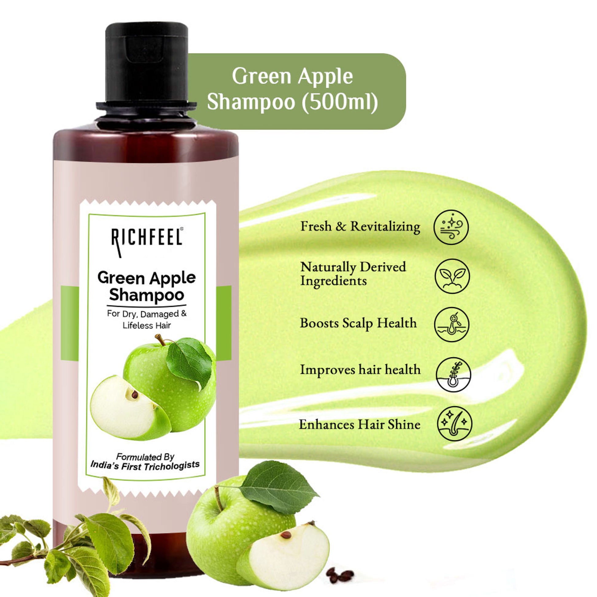 Richfeel Green Apple Shampoo for Dry, Damaged Hair - Nourishes Scalp, Promotes Shine & Smoothness