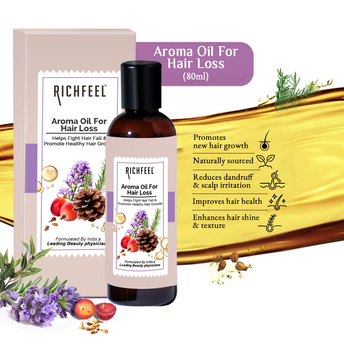 Richfeel Hair Loss Oil with Rosemary, Lavender & Grapeseed for Fall Control & Growth