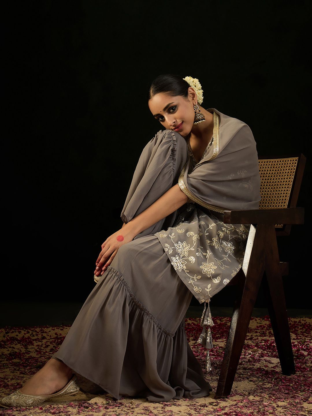 Indyancart IE V Neck Floral Embroidered Thread Work Kurta with Sharara & Dupatta