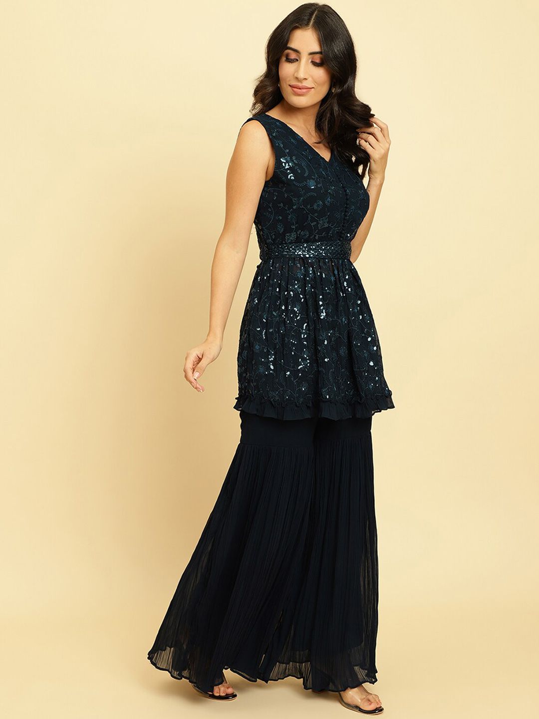 Indyancart VA Floral Embroidered Empire Sequinned Silk Georgette Kurta With Sharara & Dupatta