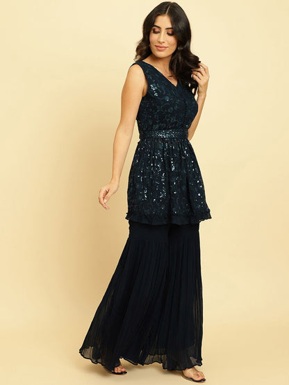 Indyancart VA Floral Embroidered Empire Sequinned Silk Georgette Kurta With Sharara & Dupatta