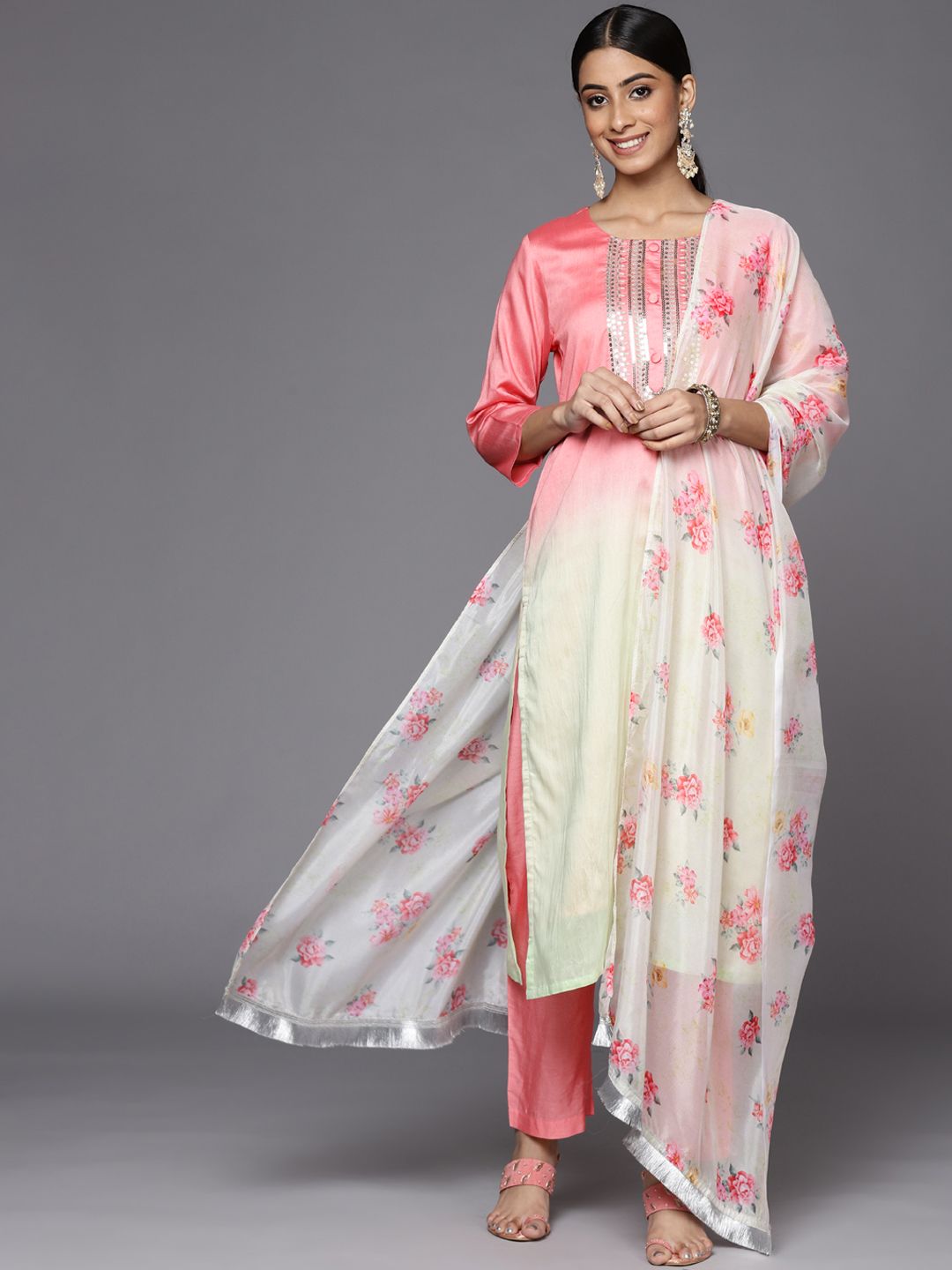Indyancart VA Women's Pink Ombre Printed Sequinned Kurta with Trousers & With Dupatta
