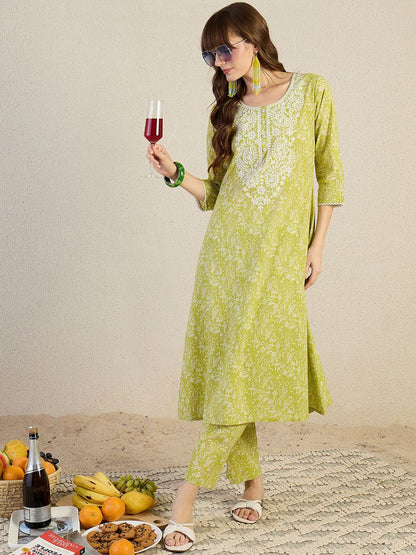 Indyancart IE Embroidered Pure Cotton Round Neck Top With Trousers Co-Ords
