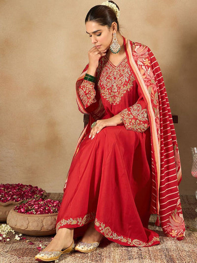Indyancart IE Women Ethnic Motifs Embroidered Empire Kurta with Trousers & Dupatta