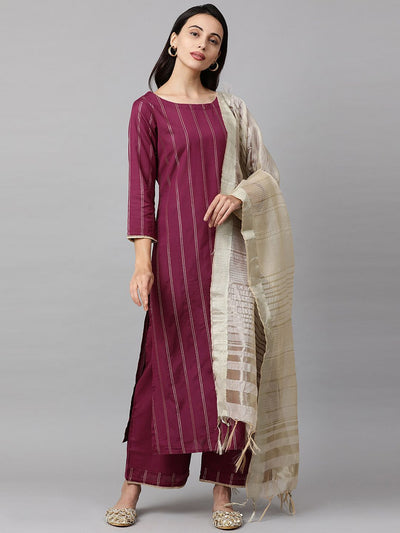 Indyancart IE Women Magenta & Beige Striped Kurta with Palazzos & Dupatta