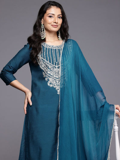 Indyancart VA Women'sEthnic Motifs Embroidered Zari Kurta With Trousers & Dupatta