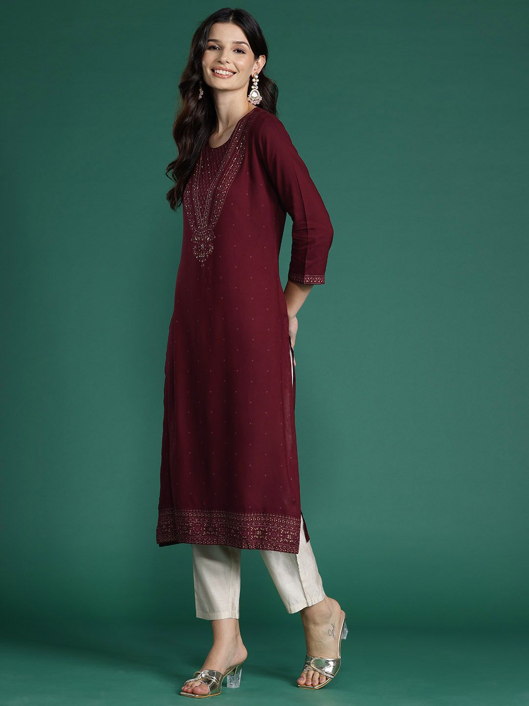 Indyancart IE Pack of 2 Floral Foil Printed Sequined Kurta