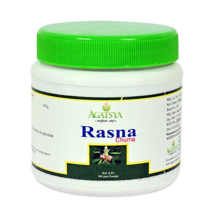 Image of Agatsya Rasna Churna in a bowl, showing the herbal powder with a light green color and fine texture.