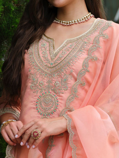 Indyancart IE Floral Yoke Design Notch Neck Straight Kurta With Trousers & Dupatta