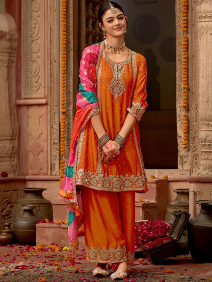 Indyancart IE Floral Embroidered Panelled Mirror Work A-Line Kurta With Palazzos & Dupatta