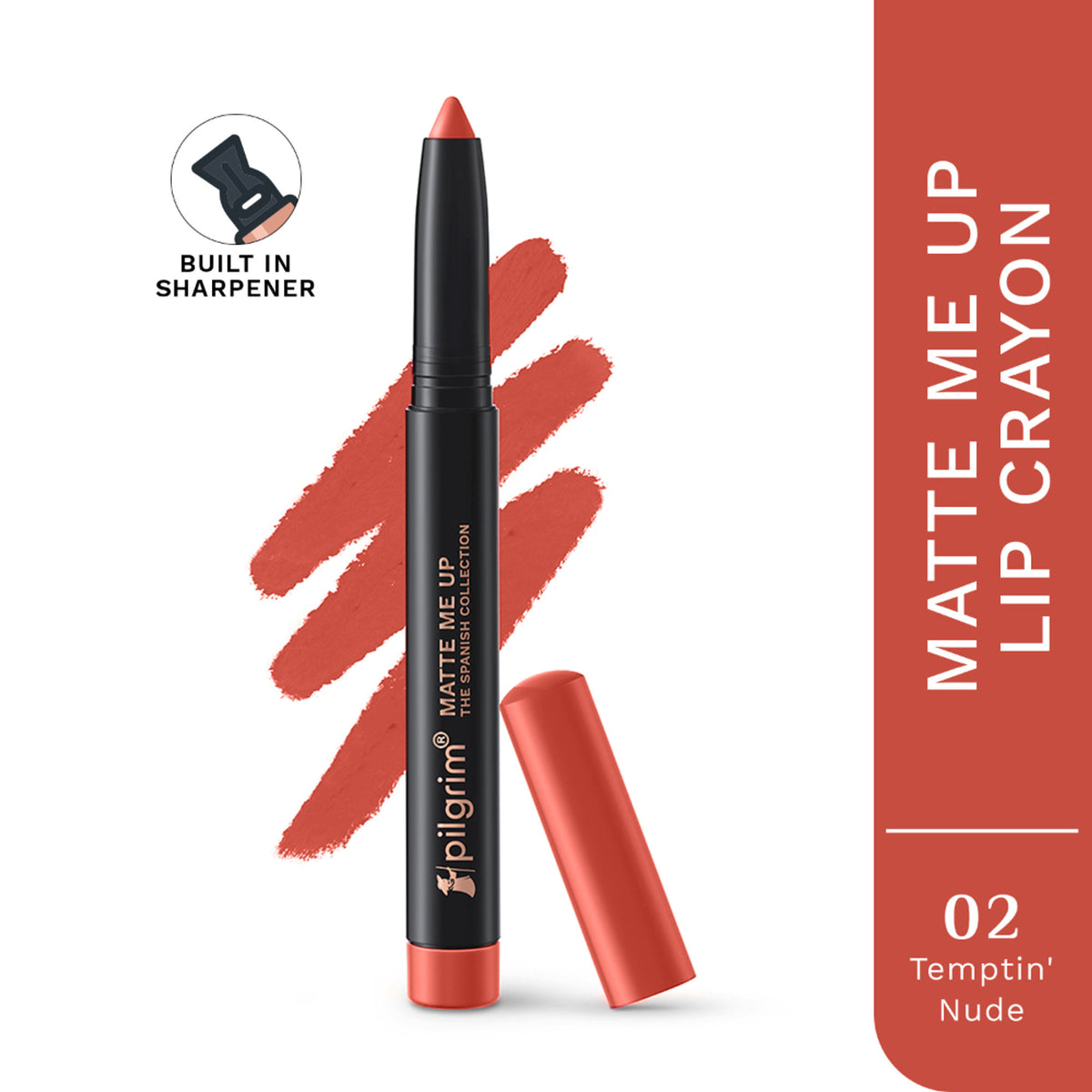 Pilgrim The Spanish Collection Matte Me Up Lip Crayon in shade 02 Temptin Nude, featuring a nude lip color in a sleek crayon format.