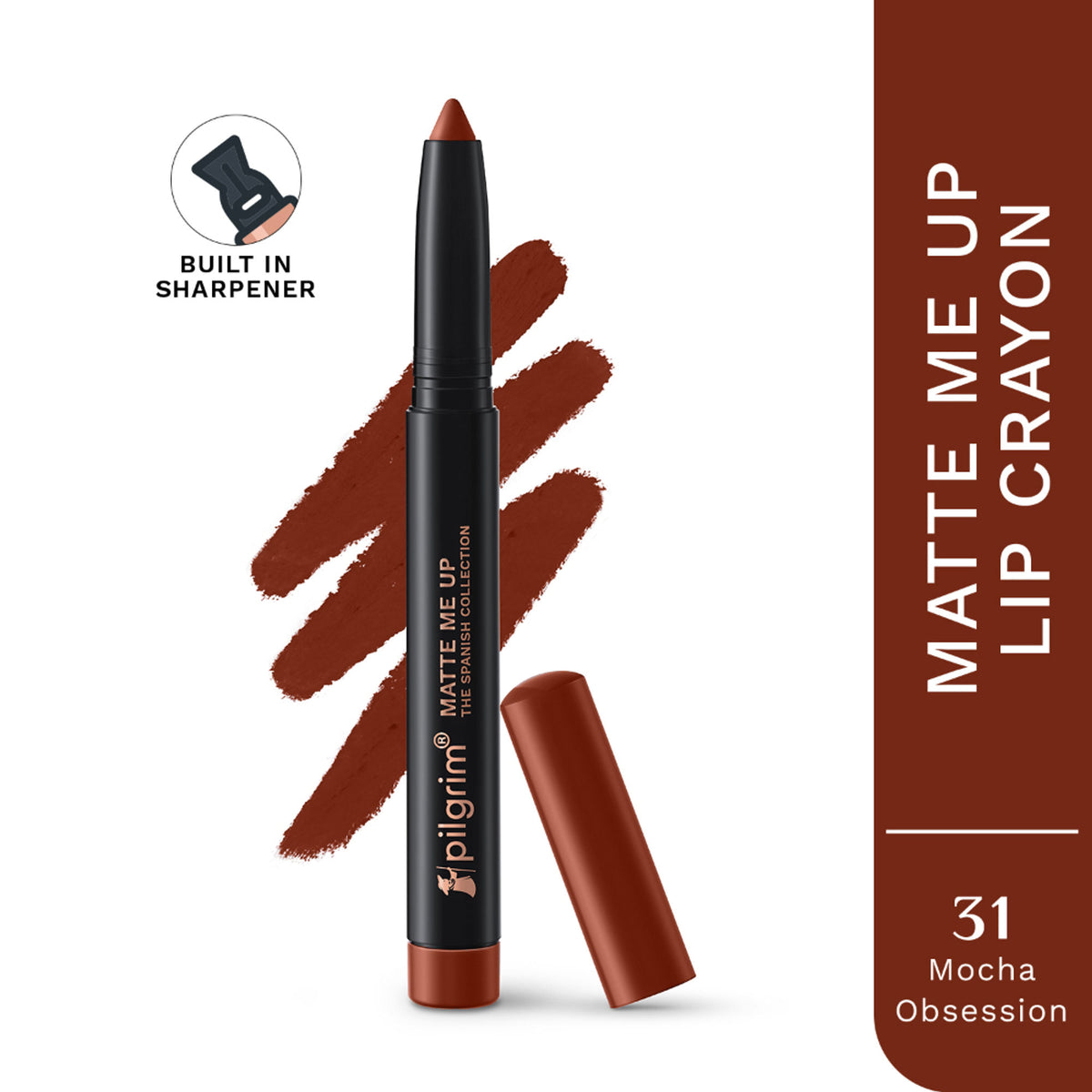 Pilgrim The Spanish Collection Matte Me Up Lip Crayon in shade 31 Mocha Obsession, featuring a sleek brown lipstick pencil.