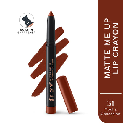 Pilgrim The Spanish Collection Matte Me Up Lip Crayon in shade 31 Mocha Obsession, featuring a sleek brown lipstick pencil.