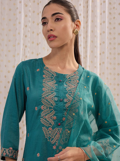 Indyancart IE Green Floral Embroidered Thread Work Kurta with Trousers & Dupatta