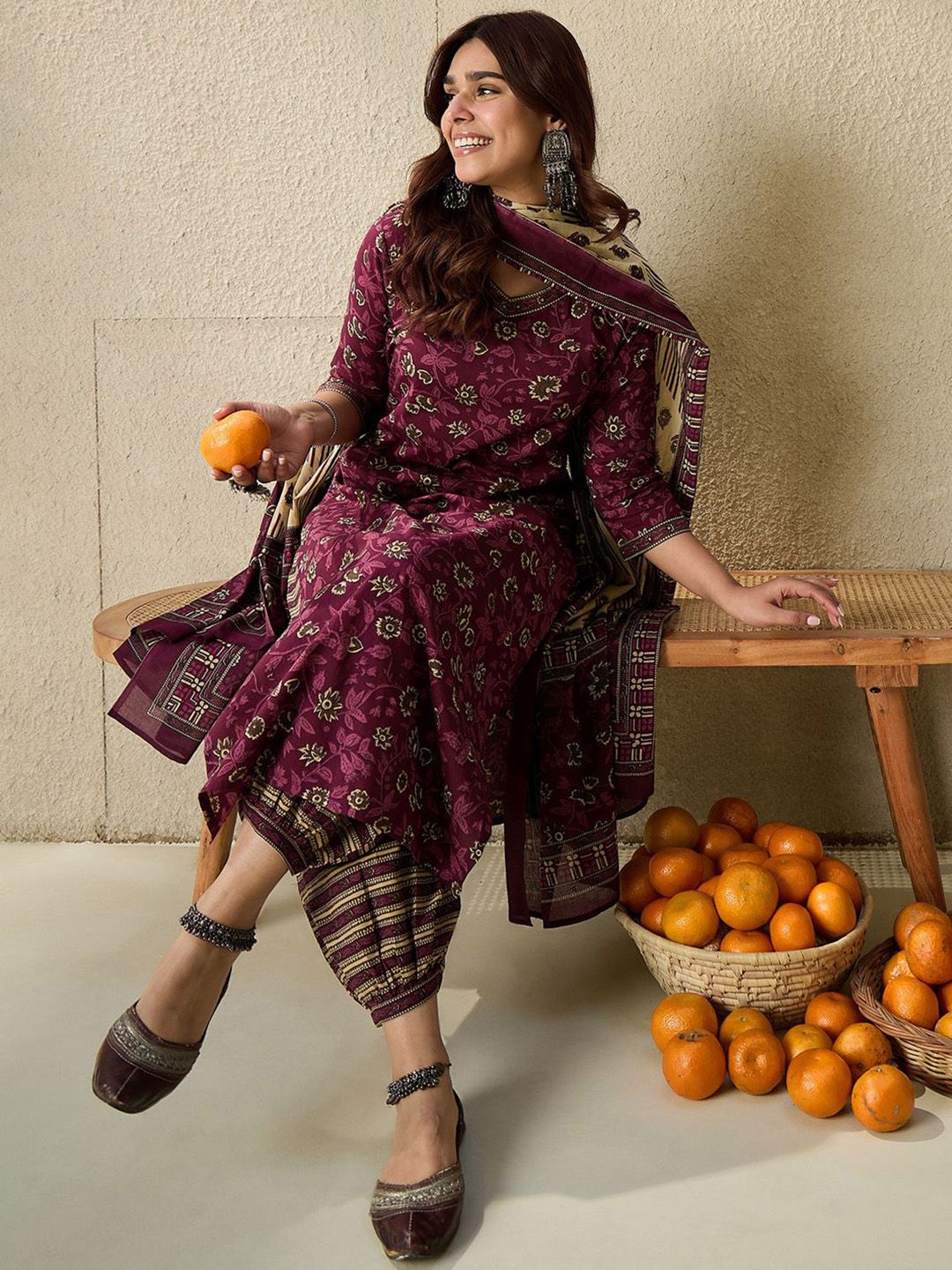 Floral Printed V Neck Pure Cotton Kurta With Salwar & Dupatta