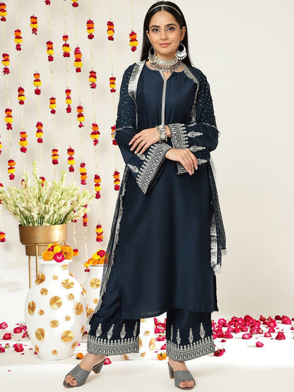 Indyancart VA Women'sEthnic Motifs Zari Embroidered Regular Kurta With Trousers & With Dupatta