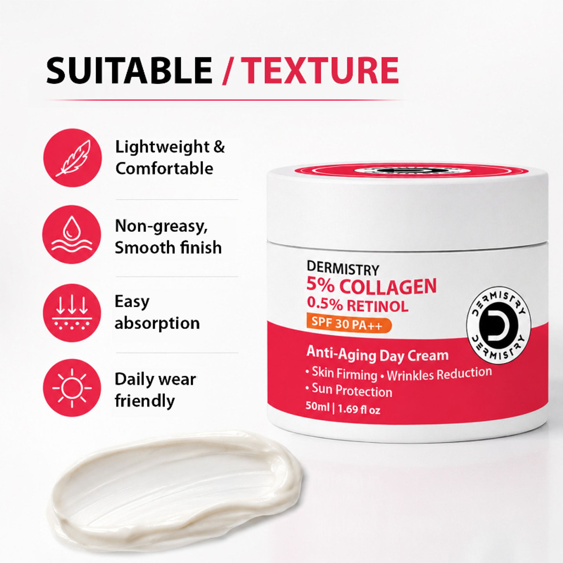 DERMISTRY Anti Ageing Collagen Retinol SPF 30 Moisturizer Day Face Cream For Aging Wrinkles Repair