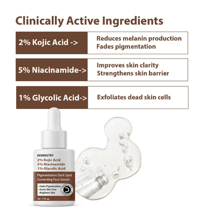 DERMISTRY 2% Kojic Acid Face Serum Pigmentation Dark Spots Removal Whitening Glowing Skin Fairness