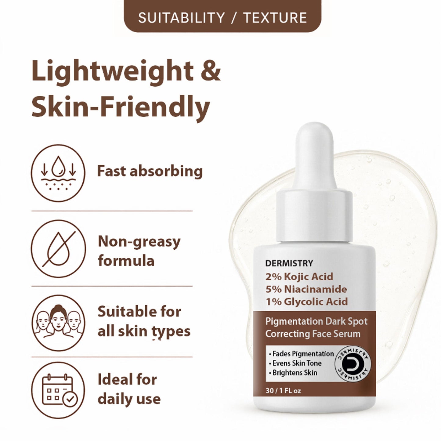 DERMISTRY 2% Kojic Acid Face Serum Pigmentation Dark Spots Removal Whitening Glowing Skin Fairness