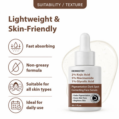 DERMISTRY 2% Kojic Acid Face Serum Pigmentation Dark Spots Removal Whitening Glowing Skin Fairness