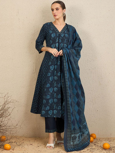 Indyancart IE Floral Printed Pure Cotton Kurta With Trousers & Dupatta
