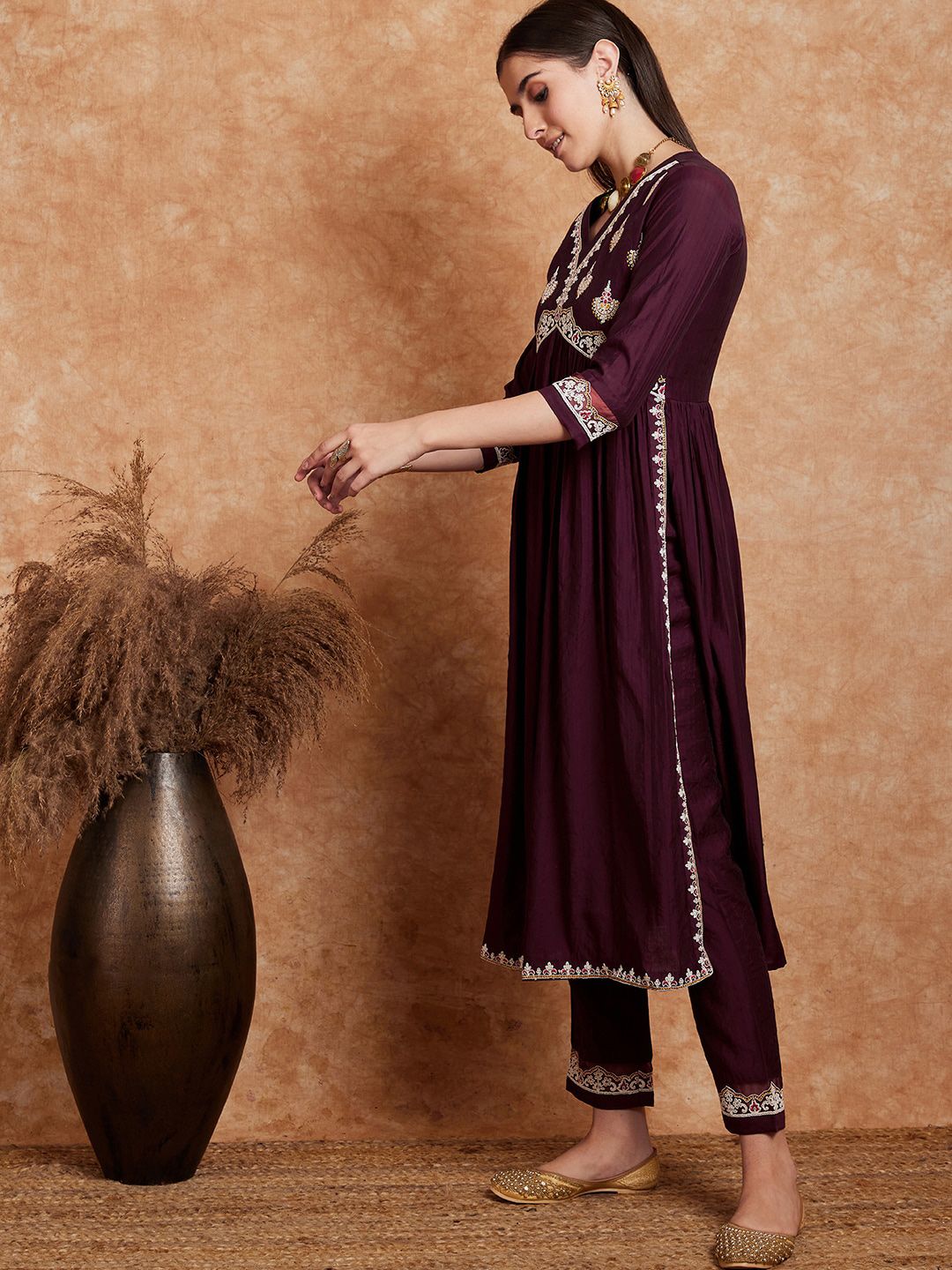 Indyancart SN Women's Alia Cut Ethnic Motifs Embroidered A-Line Kurta With Trouser