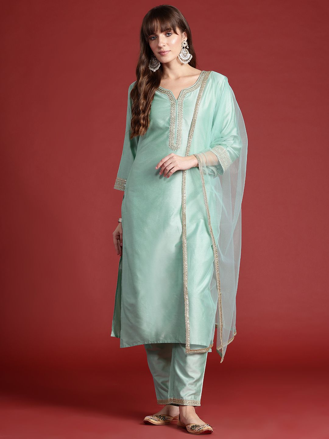 Indyancart IE Embroidered Sequinned Kurta With Trousers & Dupatta