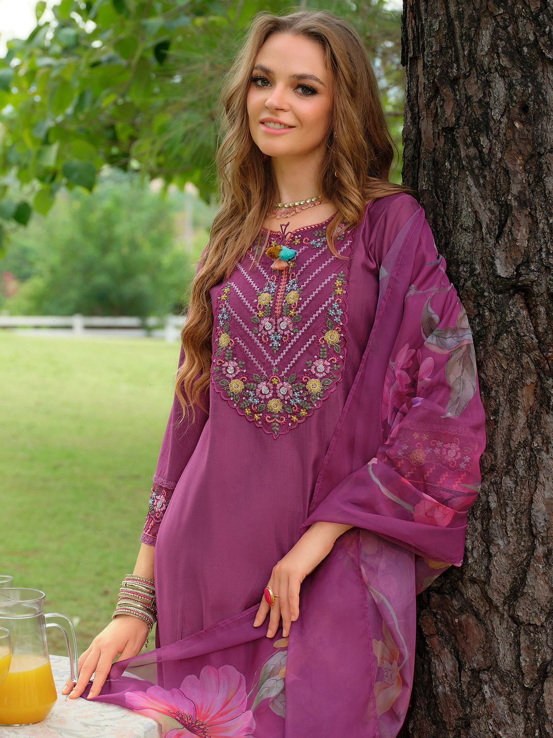Floral Embroidered Thread Work Tieup Neck A-Line Kurta With Trousers & Dupatta