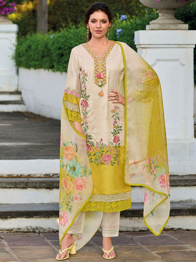 Indyancart IE Floral Embroidered Mirror Work Straight Kurta With Trousers & Dupatta
