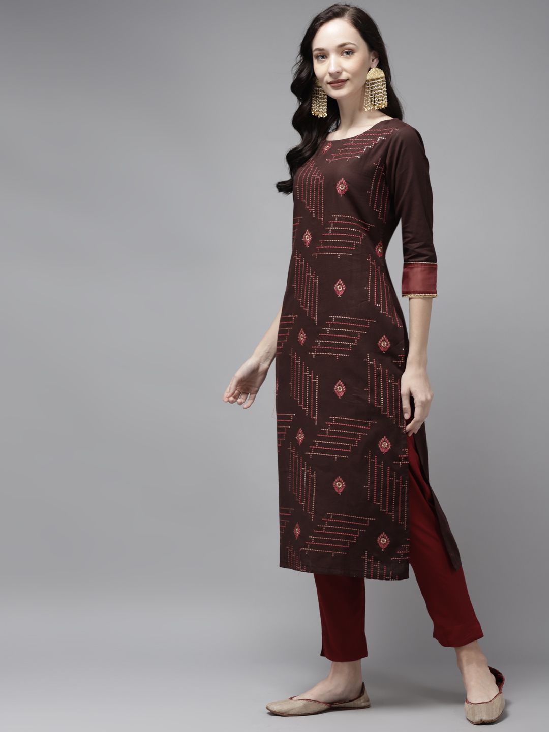 Indyancart IE Women Brown & Pink Embroidered Cotton Kurta with Trousers & With Dupatta