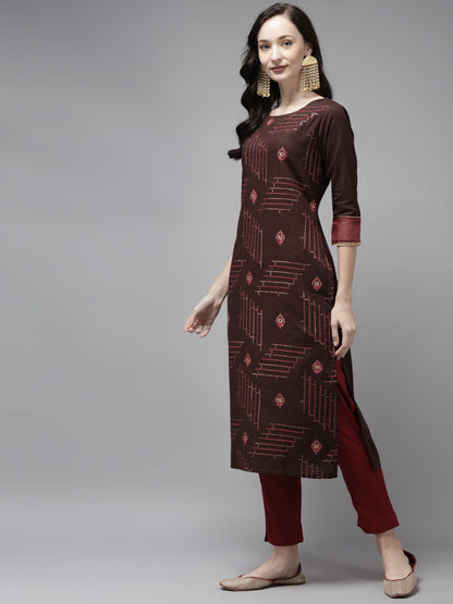 Indyancart IE Women Brown & Pink Embroidered Cotton Kurta with Trousers & With Dupatta