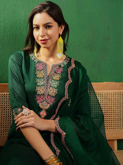 Indyancart SN Women's Teal Green & Pink Embroidered Straight Kurta With Palazzos & Dupatta