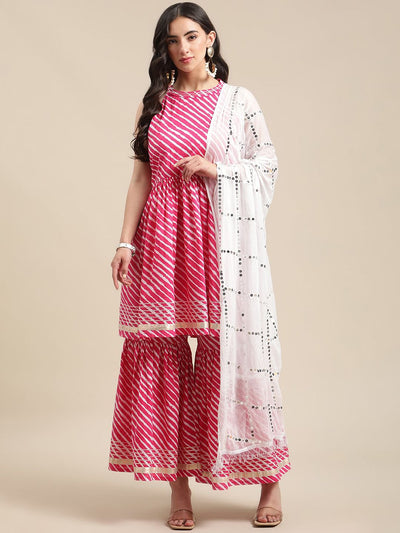 Indyancart VA Women's Pink Leheriya Printed Mirror Work Kurti with Sharara & With Dupatta