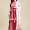 Dhiyona VA Women's Pink Leheriya Printed Mirror Work Kurti with Sharara & With Dupatta