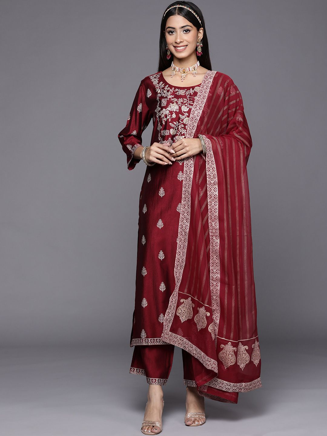Indyancart IE Women Maroon & Golden Ethnic Motifs Printed Liva Kurta with Palazzos & Dupatta