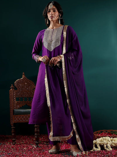 Indyancart VA Women's Floral Embroidered Regular Chanderi Silk Kurta with Trousers & With Dupatta