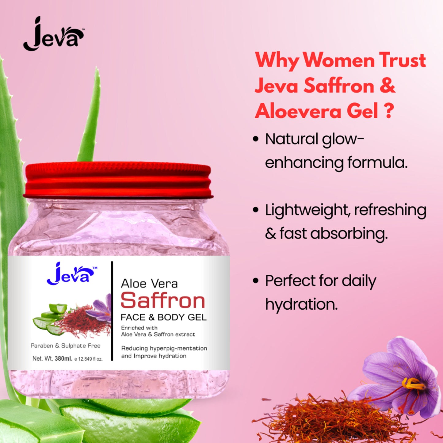 Jeva Aloe Vera Gel with Saffron - Hydrating, Brightening & Skin Revitalizing Care