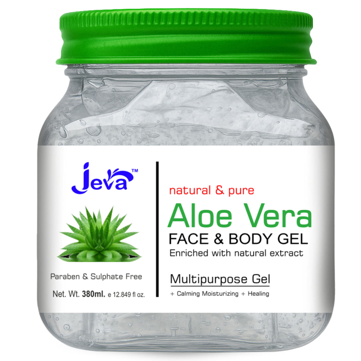 Jeva Aloe Vera Gel for hydrating and revitalizing skin and hair, showcasing a clear gel in a natural setting.