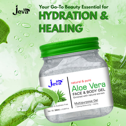 Jeva Aloe Vera Gel in a clear jar, showcasing its hydrating and revitalizing formula for radiant skin and hair care.