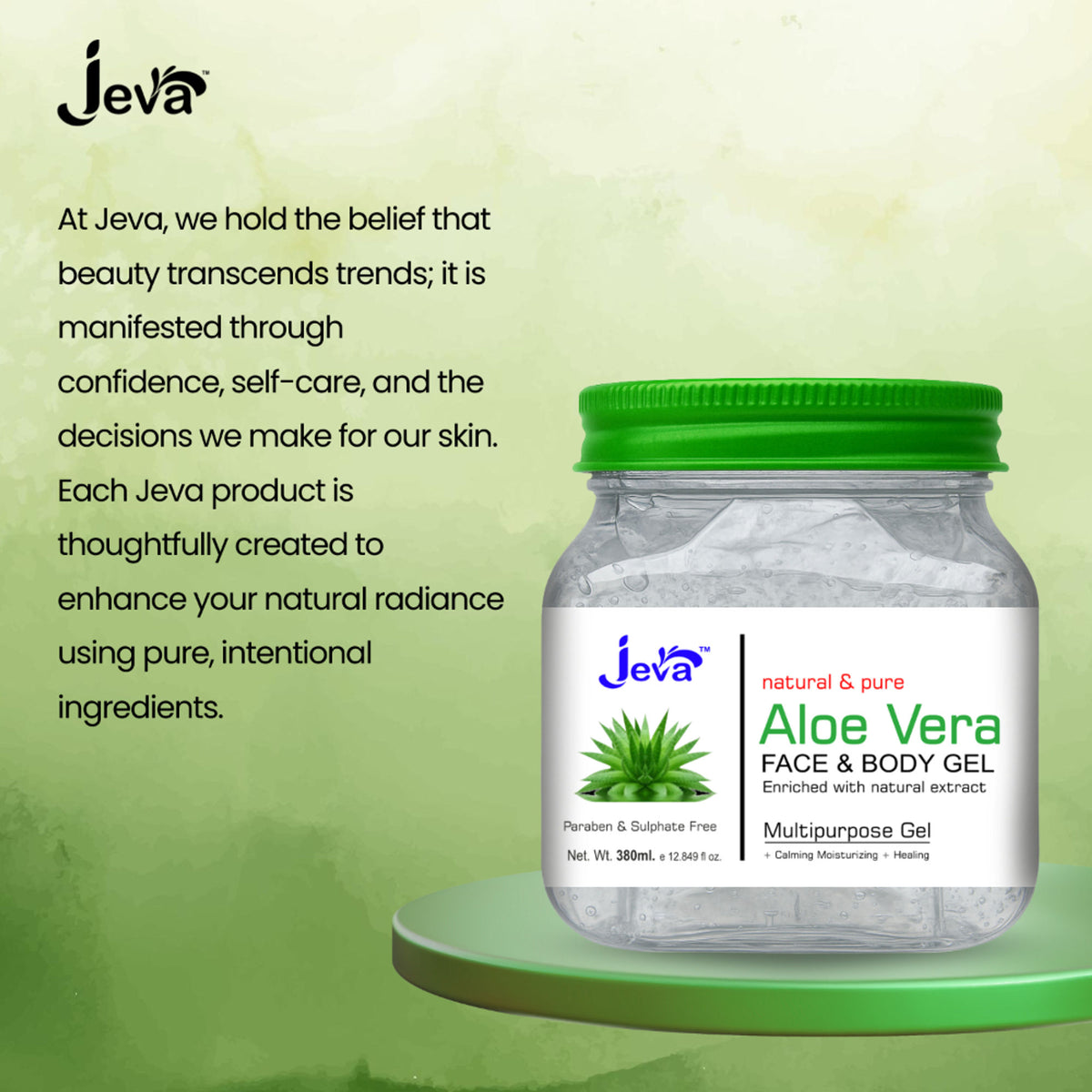 Jeva Aloe Vera Gel in a clear tube, showing the hydrating and revitalizing formula for skin and hair care.